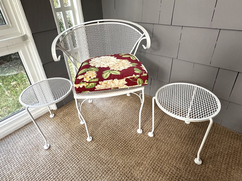 Wrought Metal Patio Armchair and Two Side Tables