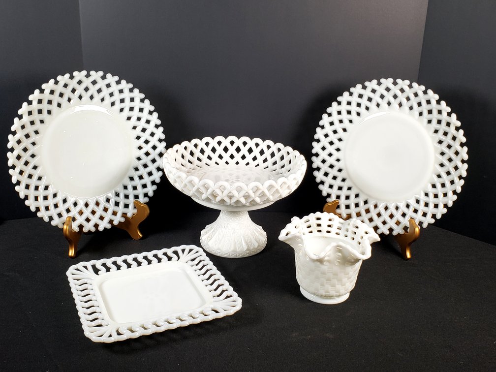 White Milk Glass Reticulated Plates, Compote, and Tableware