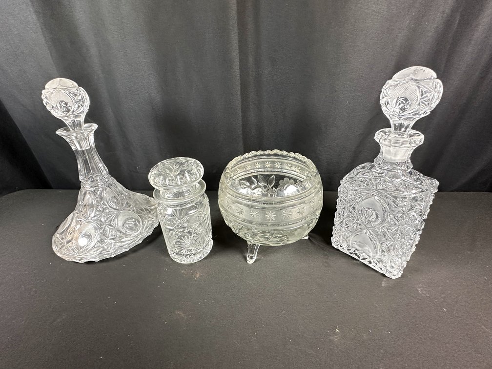 Cut Glass and Crystal Decanters, Jar, and Footed Bowl