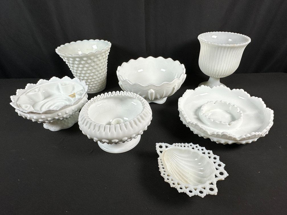 White Milk Glass Hobnail Bowls, Compote, and Dishes