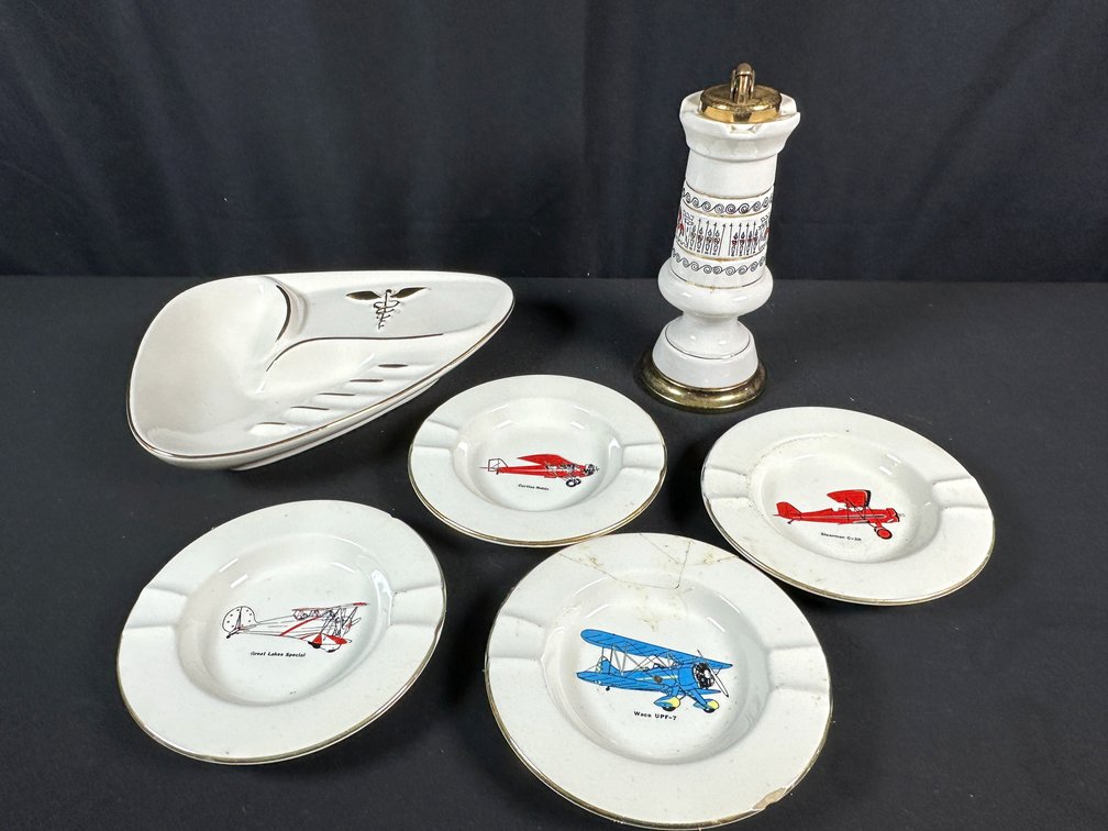 Ceramic Airplane Ashtrays, Divided Tray, and Table Lighter