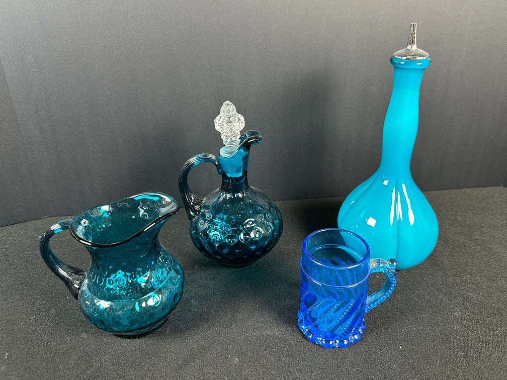 Blue Glass Pitcher, Cruets, and Miniature Mug