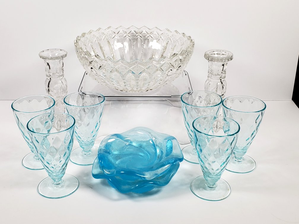 Pressed Glass Bowl, Candlesticks, and Light Blue Glassware