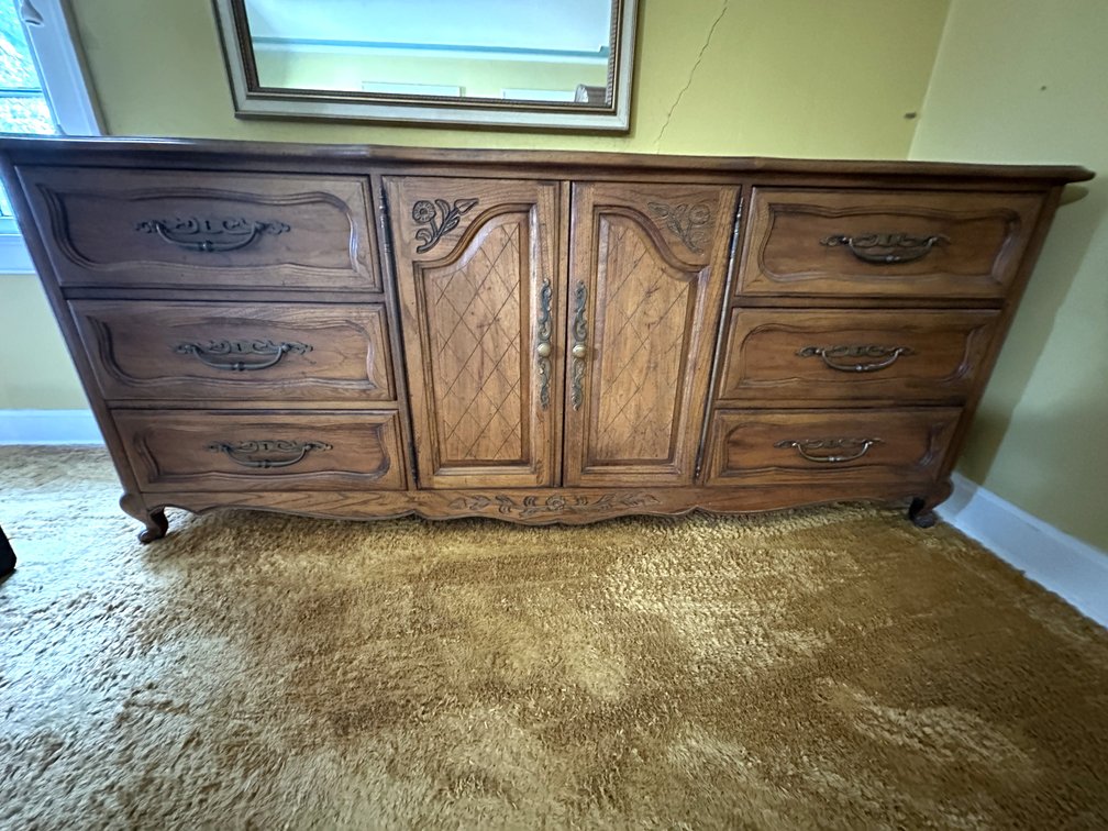 French Provincial Style Wood Dresser with Center Cabinet