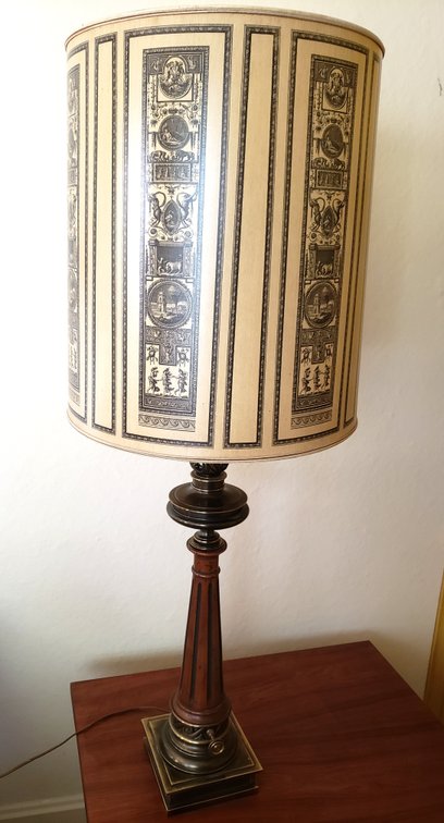 Fluted Wood Column Table Lamp with Printed Drum Shade