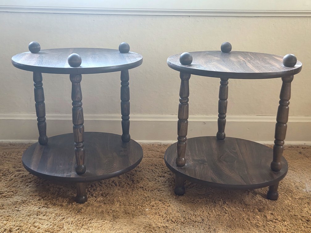 Pair of Two-Tier Round Wood Side Tables with Ball Finials