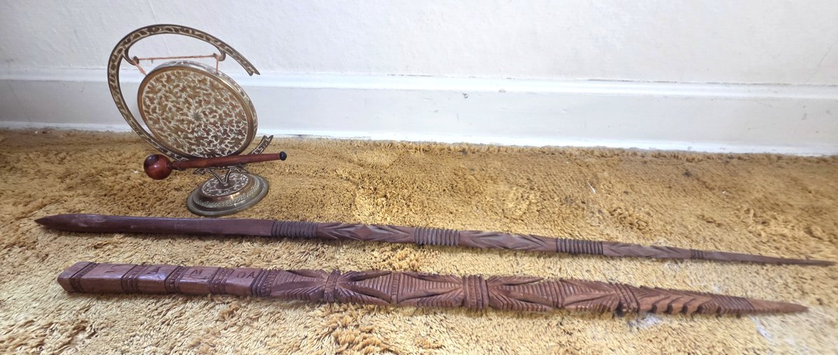 Carved Wooden Samoan Spears and Brass Tabletop Gong