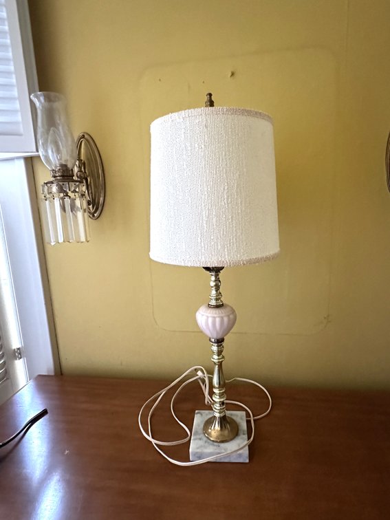 Brass-Tone and Marble Table Lamp with Pink Ribbed Accent