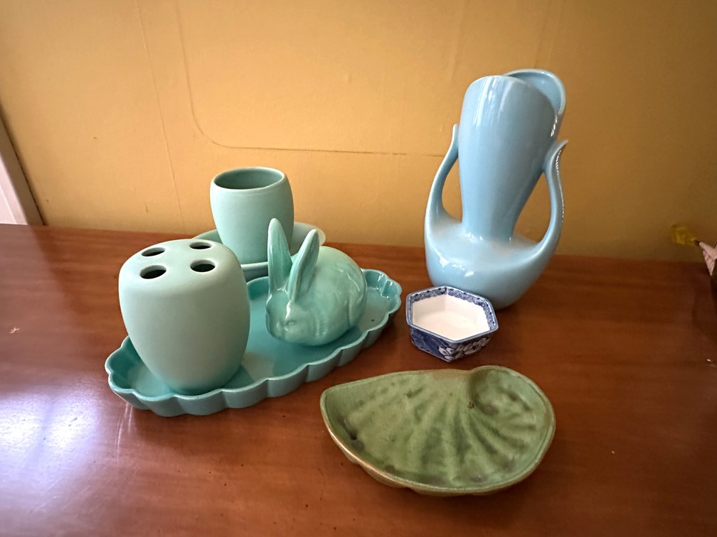 Ceramic Vanity Set, Double-Handled Vase, and Dishes