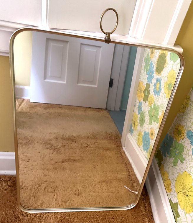 Brass-Tone Framed Rectangular Wall Mirror with Hanging Ring