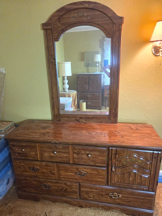 Wooden Dresser with Attached Arched Mirror