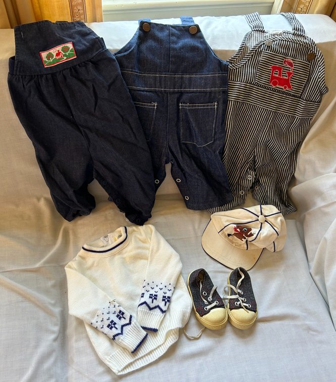 Infant Denim Overalls, Knit Sweater, Cap, and Sneakers