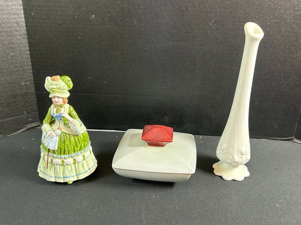 Musical Figurine, Milk Glass Bud Vase, and Ceramic Covered Box