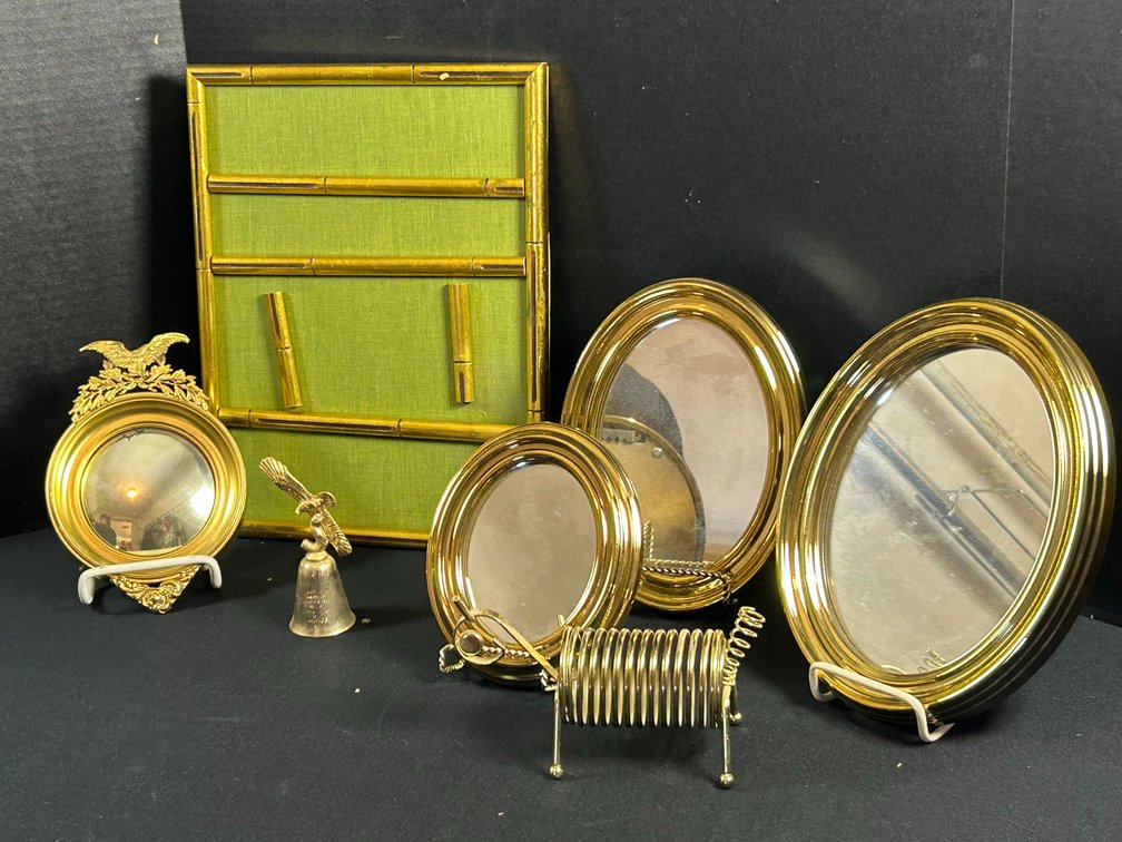 Brass-Finish Framed Mirrors, Faux-Bamboo Shelf, and Bell