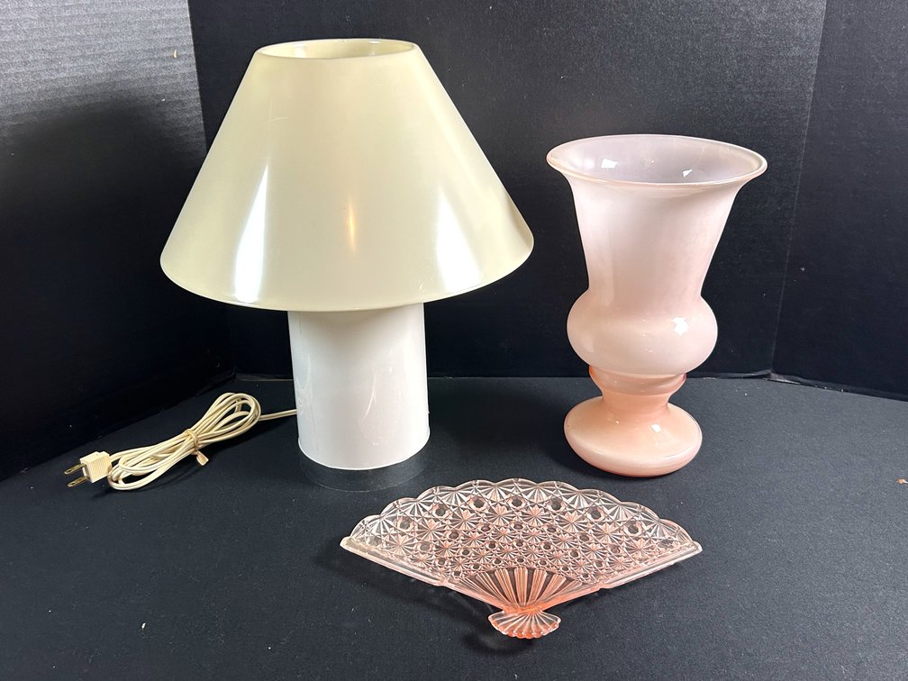 Table Lamp, Pink Glass Vase, and Fan-Shaped Dish