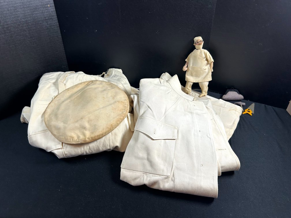 White Canvas Uniform Garments, Cap Covers, and Medical Doll