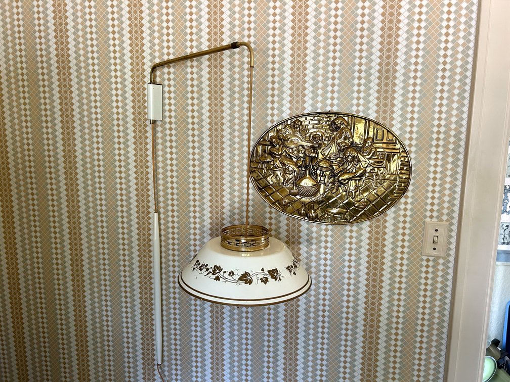 Swing-Arm Pendant Lamp and Embossed Brass Wall Plaque