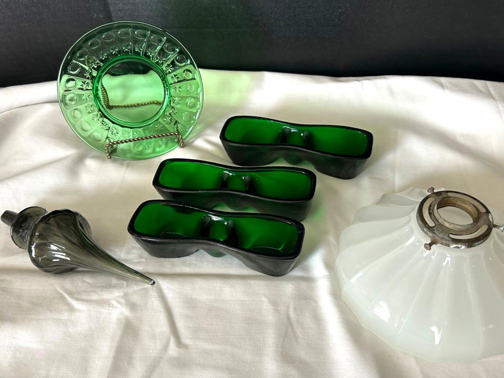 Milk Glass Shade, Glass Stopper, Novelty Dishes, and Plate