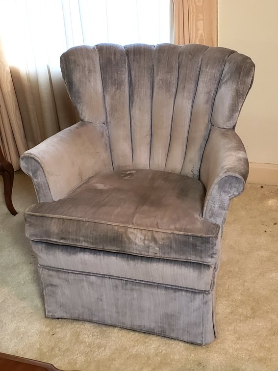 Gray Velvet Channel-Back Skirted Armchair