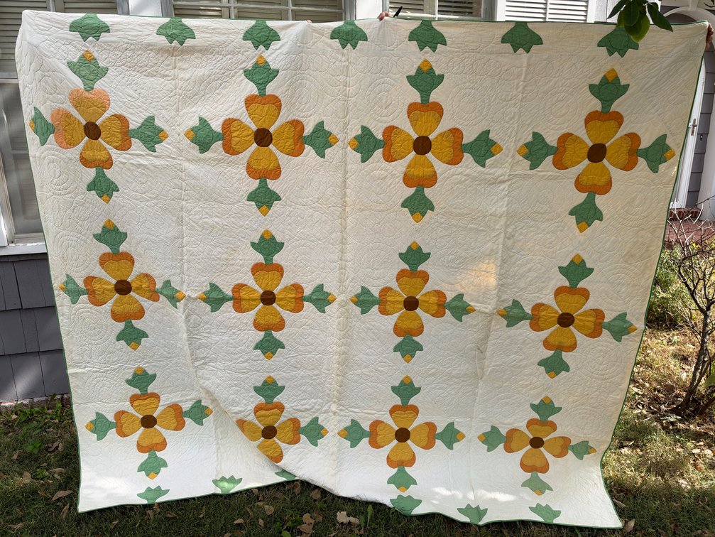 Floral Applique Quilt with Yellow Backing