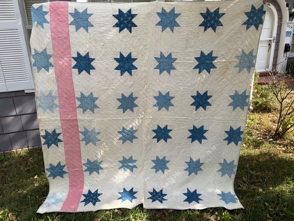 Hand-Quilted Blue Star Pattern Patchwork Quilt
