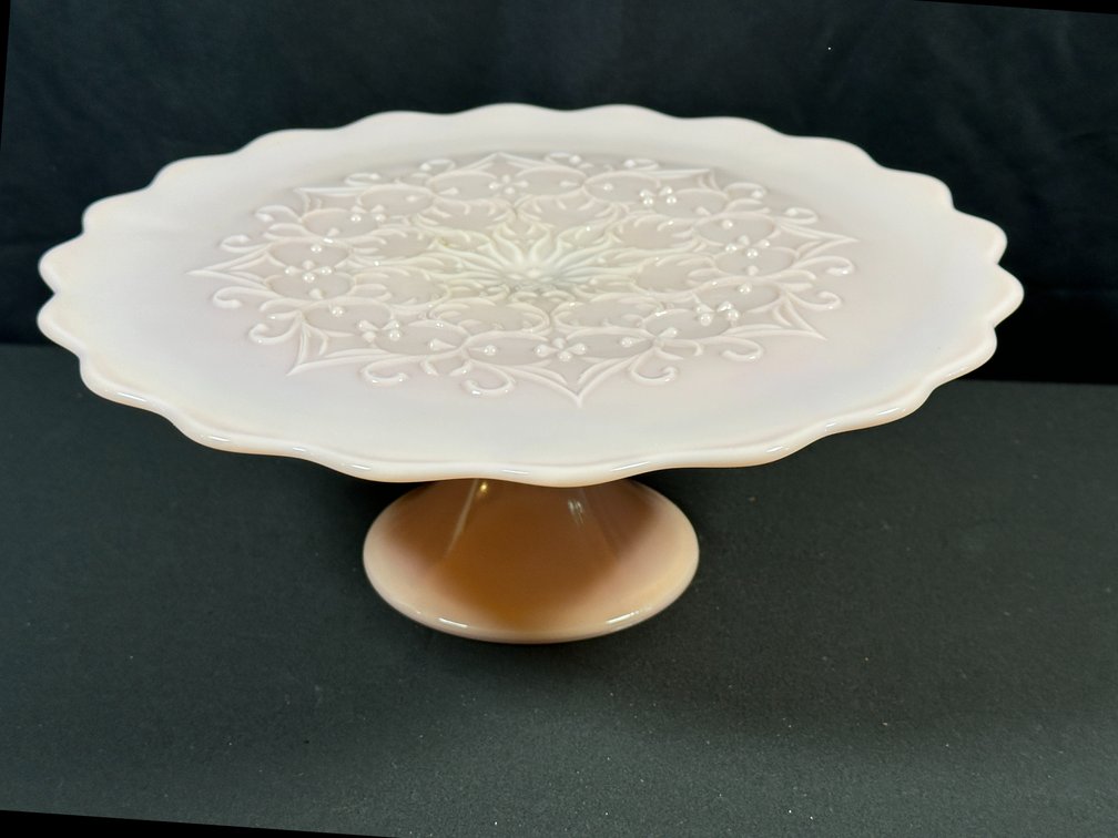 Pink Milk Glass Pedestal Cake Stand with Scalloped Rim