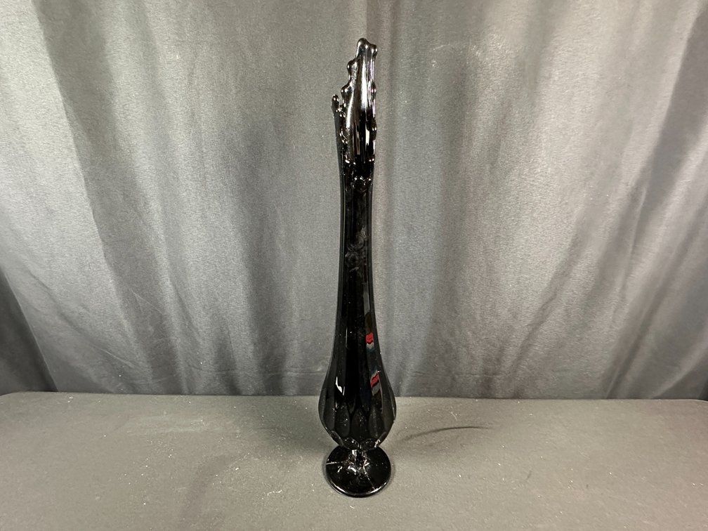Fenton Black Glass Pedestal Swung Vase