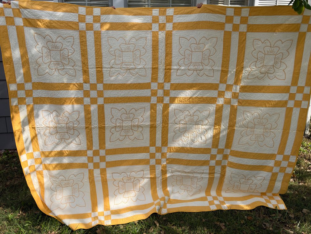 Yellow and White Embroidered Floral Patchwork Quilt