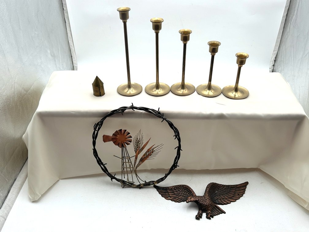 Brass Candlesticks, Windmill Art, & Eagle