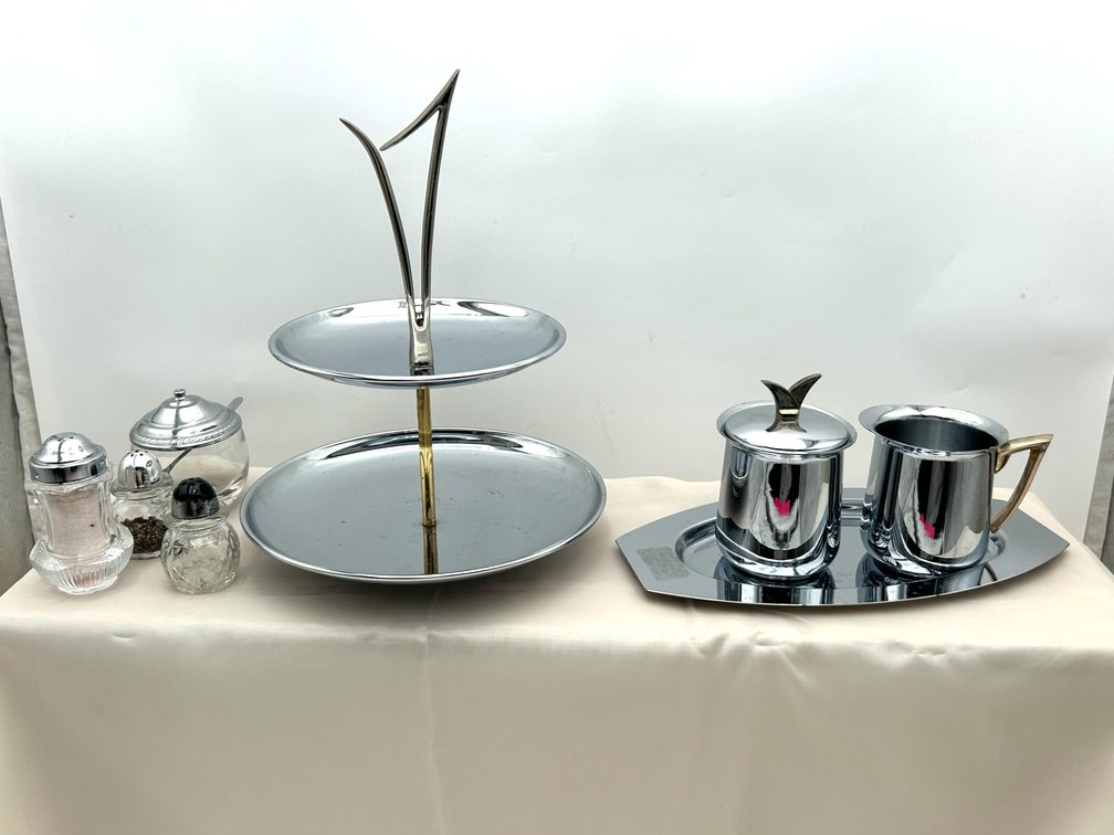 Metal Creamer, Sugar, & Tiered Tray