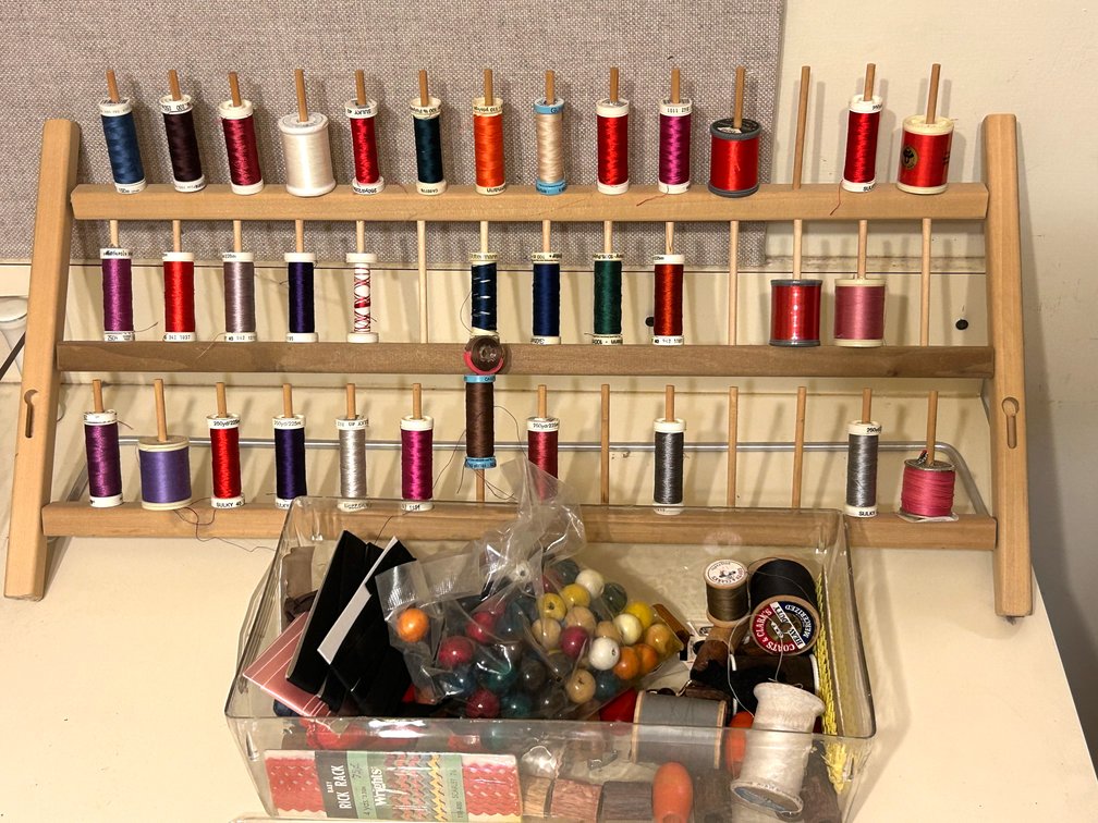 Thread on Spool Rack with Wooden Beads & More