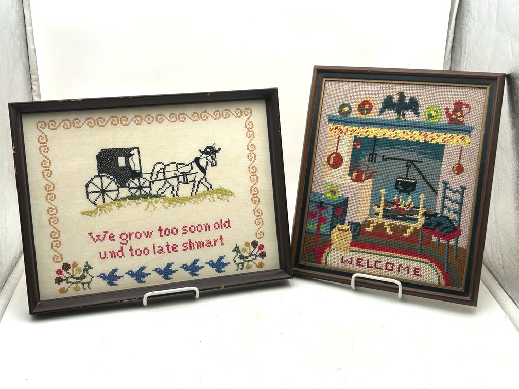 "Welcome" and "Amish Buggy" Framed Hand Work