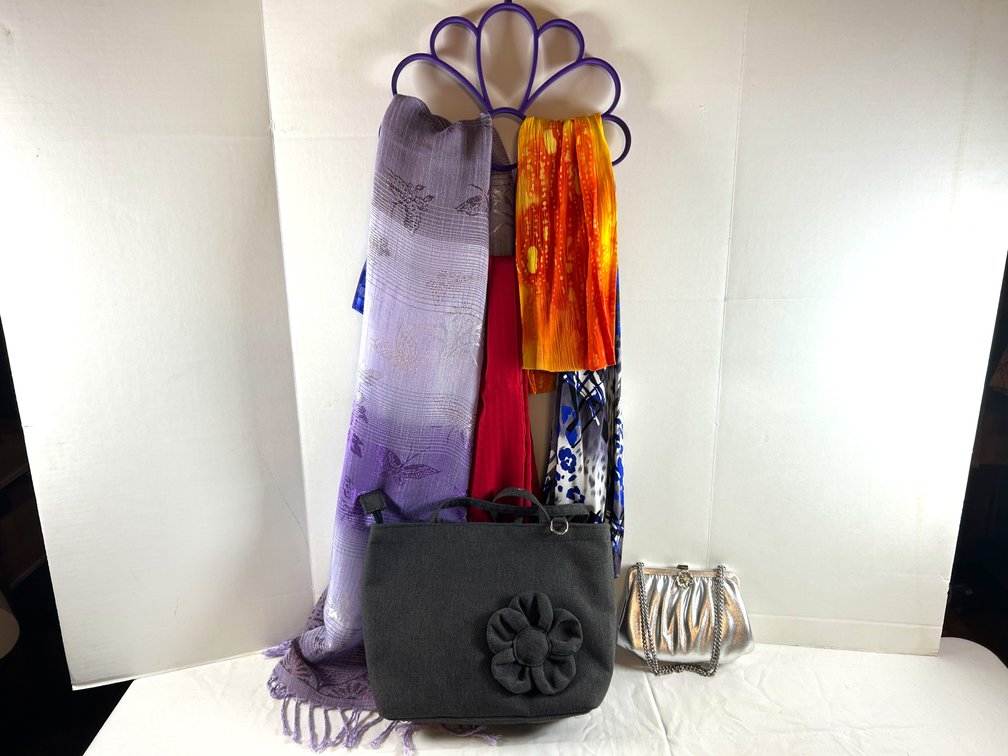 Silver Purse, Gray Purse, Scarves, & Scarves Hanger