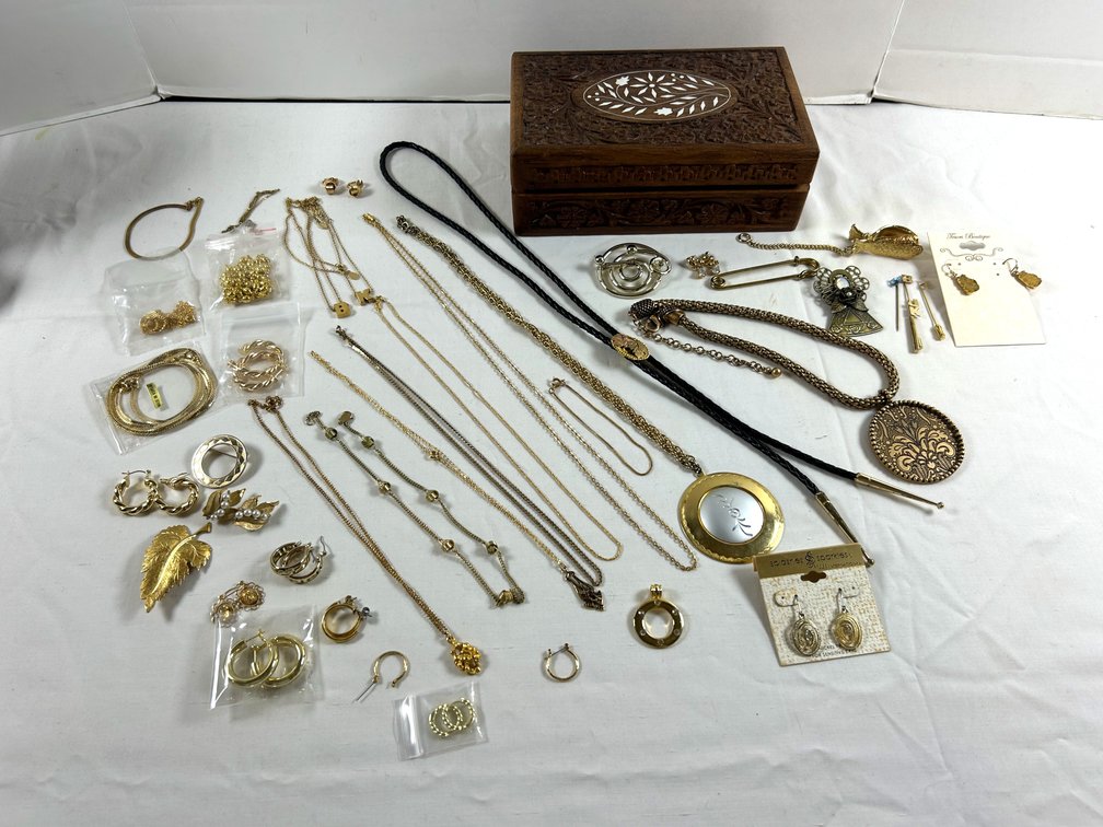 Goldtone Jewelry with Carved Chest