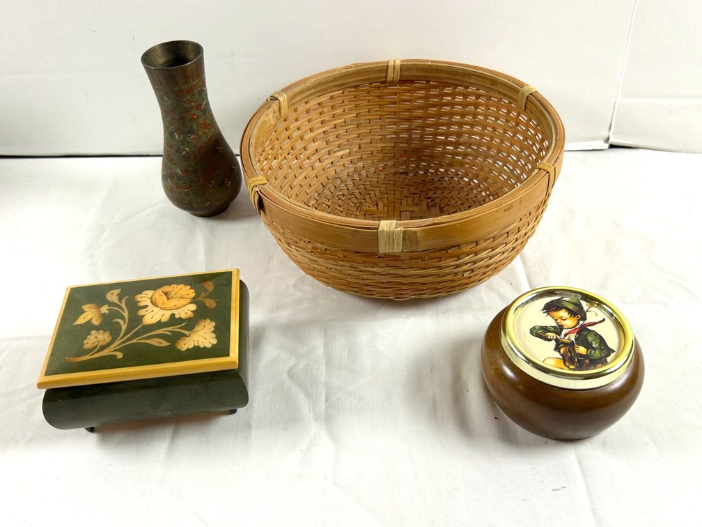 Basket, Music Boxes, & Brass Vase