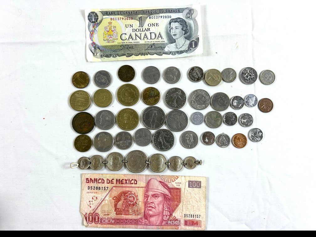 Foreign Coins & Bills and Coins Made into a Bracelet
