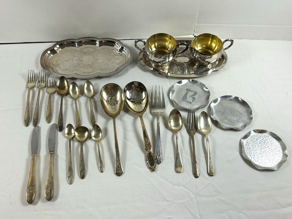 Silverplate Flatware, Sugar & Creamer with Tray, & Coasters