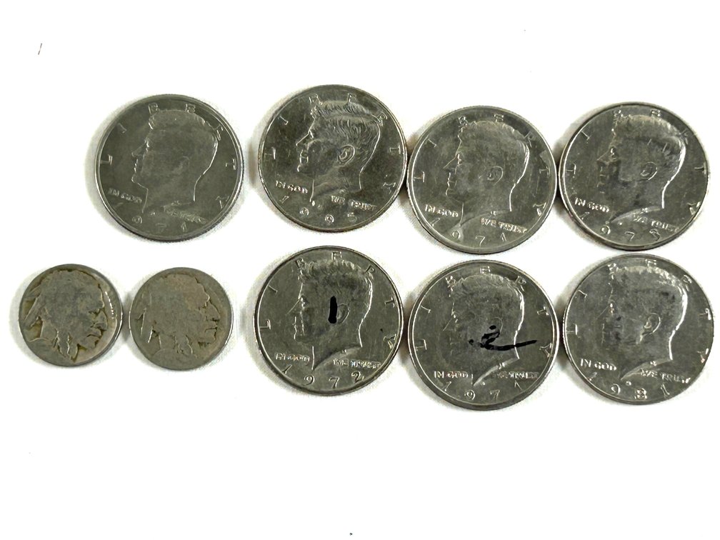 Buffalo Nickels (2)  Kennedy Half Dollars (7)