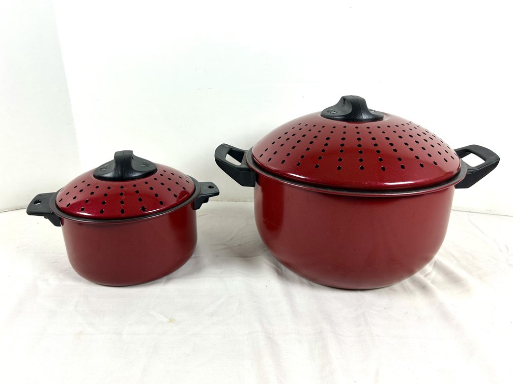Red Stock Pots with Non-Stick Interior with Lids Featuring Drainage Holes
