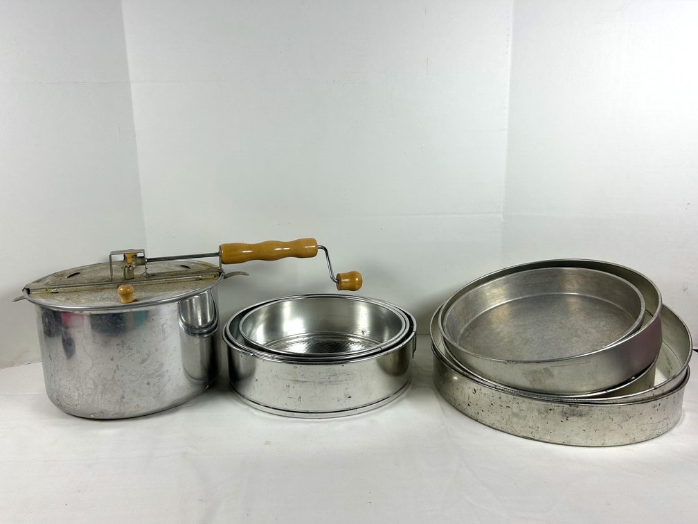 Variety of Sizes of Round Cake Pans and a Stove Top Popcorn Popper