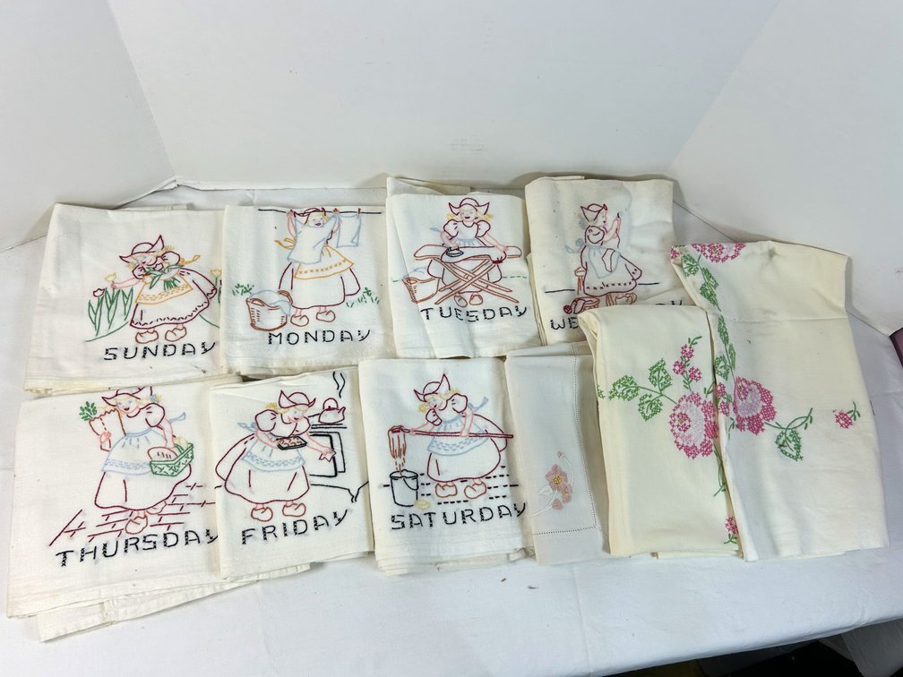 Embroidered Tea Towels and Pillowcases