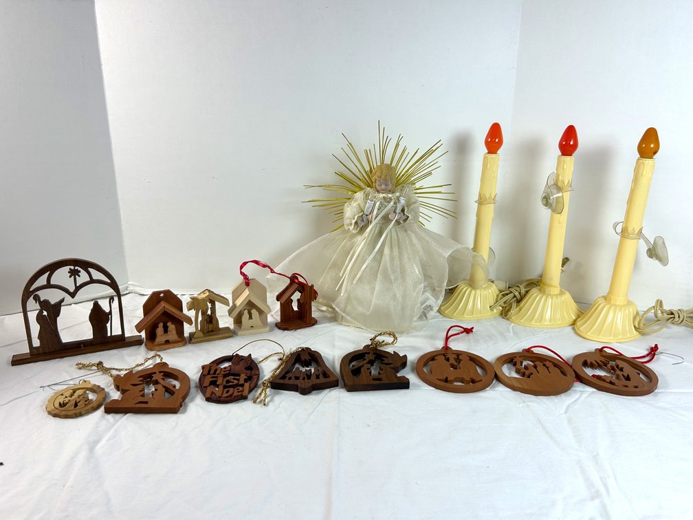 Vintage Candle and Angel Lights with Wooden Ornaments