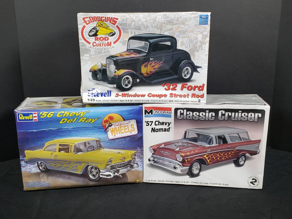 '32 Ford, '56 Chevy Del Ray, and '57 Chevy Nomad Model Kits