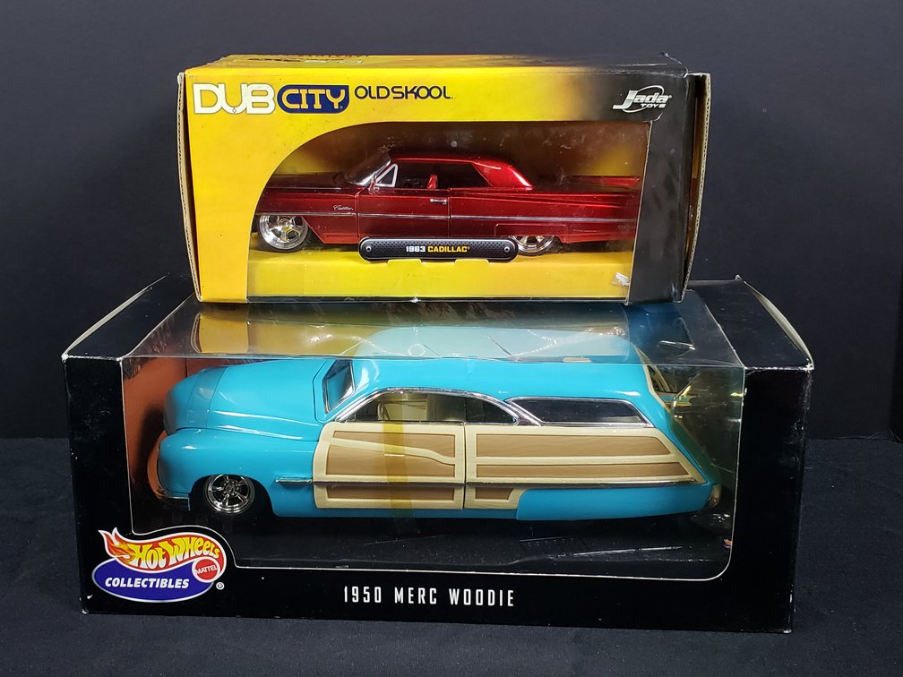 1963 Cadillac and 1950 Merc Woodie Die-Cast Cars