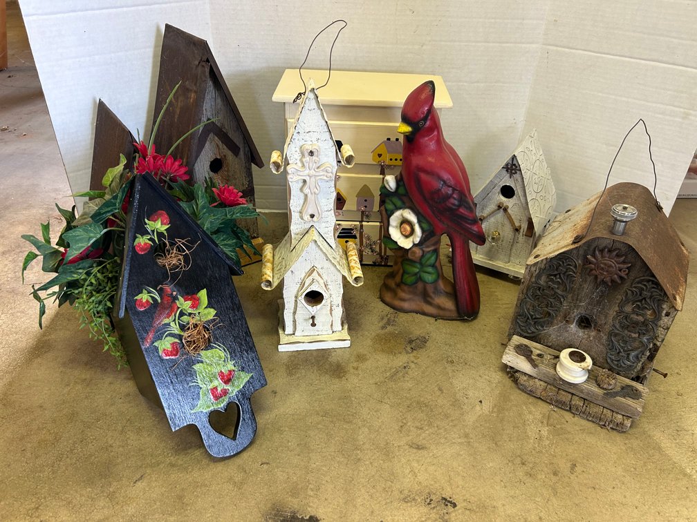 Bird Houses and Cement Cardinal