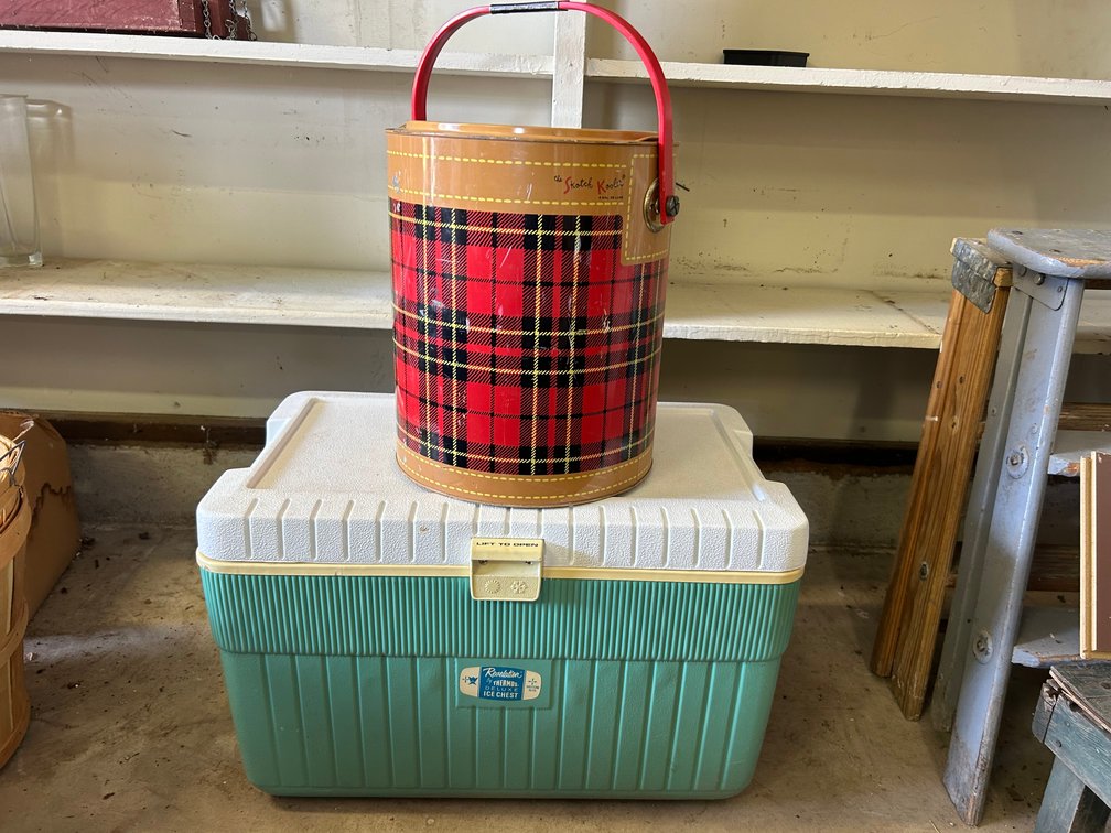 Thermos Ice Chest and Round Plaid Scotch Kooler