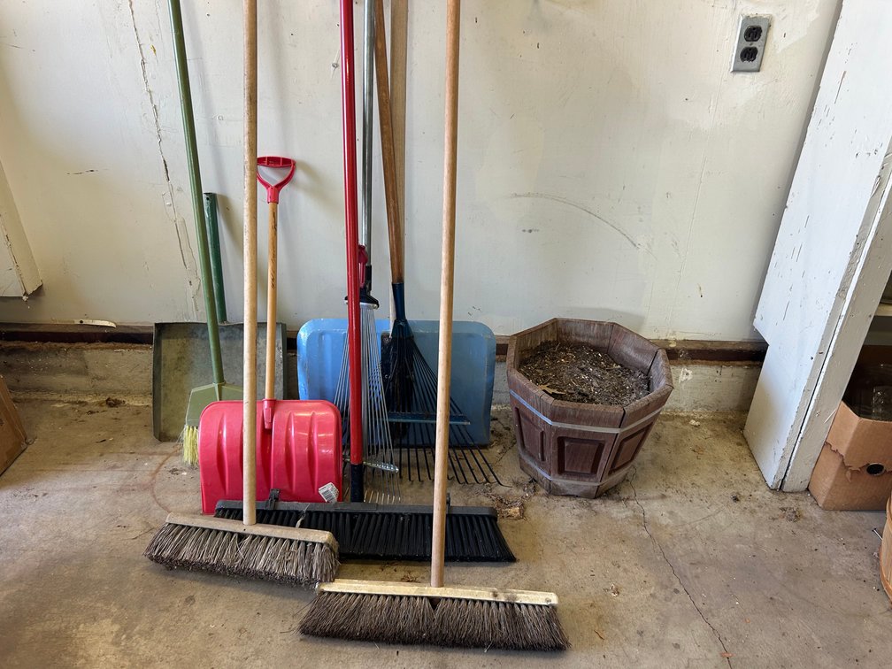 Shop Brooms, Snow Shovels, Metal Trash Scoop, Wood Plant Pot