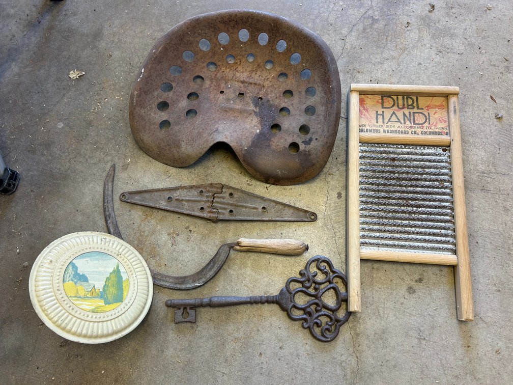 Metal Tractor Seat, Wash Board, Cast Iron Decorative Key