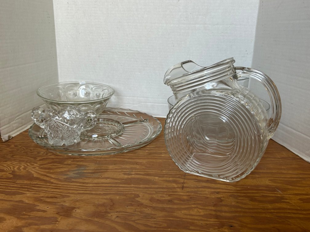 Clear Depression Style Water Pitcher, Vegetable Tray, Clear Bowls
