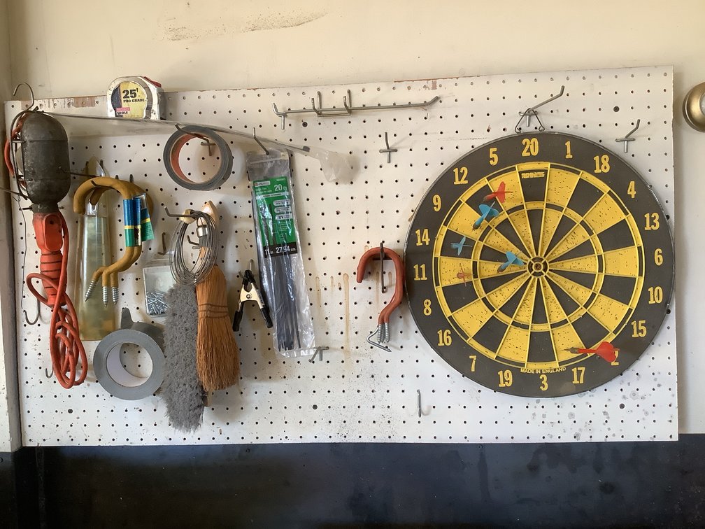 Shop Supplies: Tie Wraps, Tape Measure, Hooks, Trouble Light, Dart Board